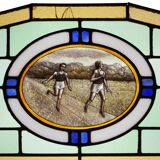 Art Deco Stained Glass Panel Depicting Runners in Motion, Belgium ca. 1910