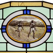 Art Deco Stained Glass Panel Depicting Runners in Motion, Belgium ca. 1910