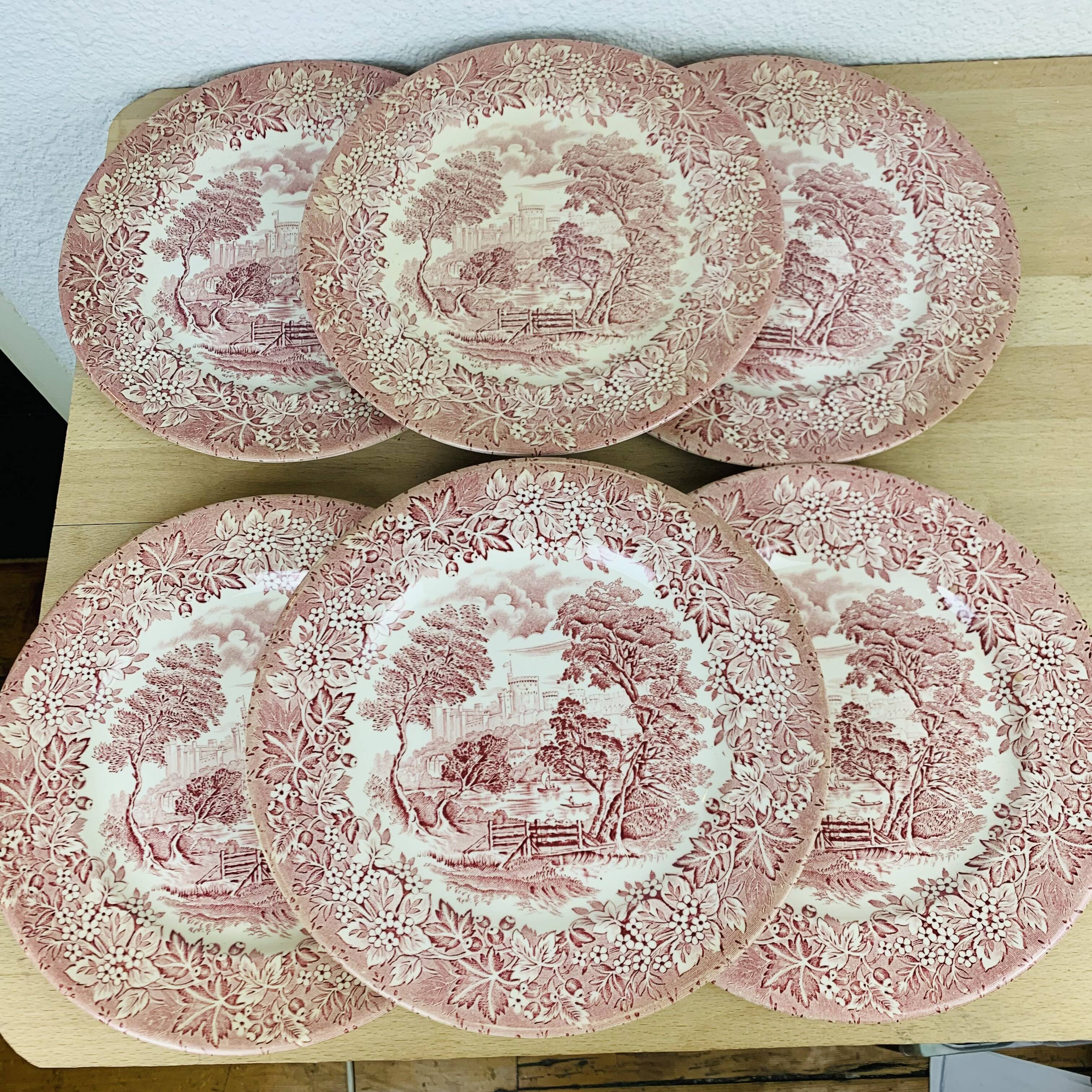 6 red ironstone English flat plates