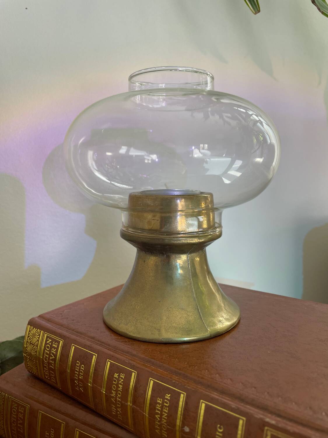 Glass and brass candle holder