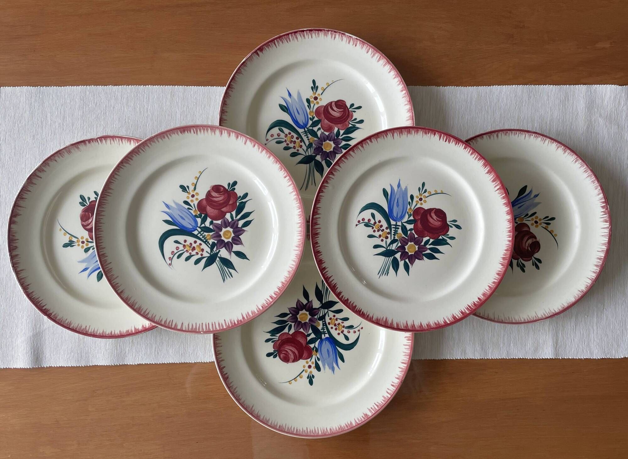 6 large antique flat plates in B.F.K. earthenware.