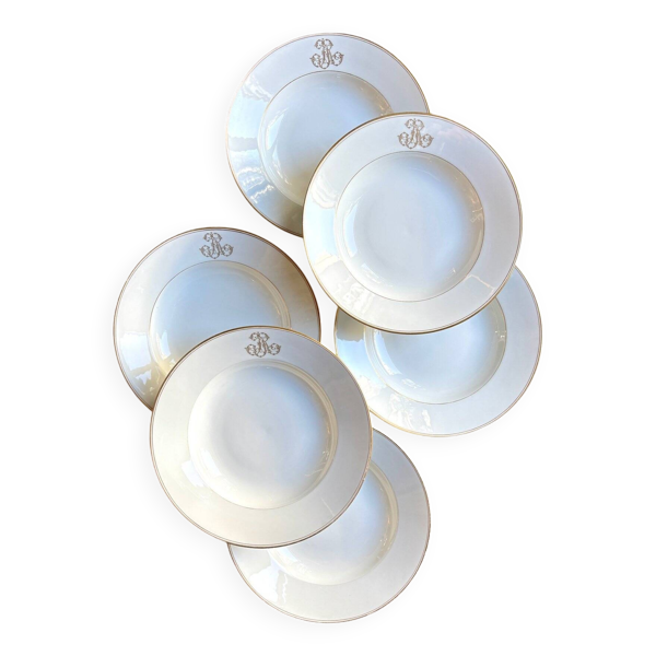 6 assiettes creuses en porcelaine de Paris monogrammées