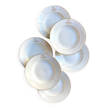6 monogrammed Paris porcelain soup plates