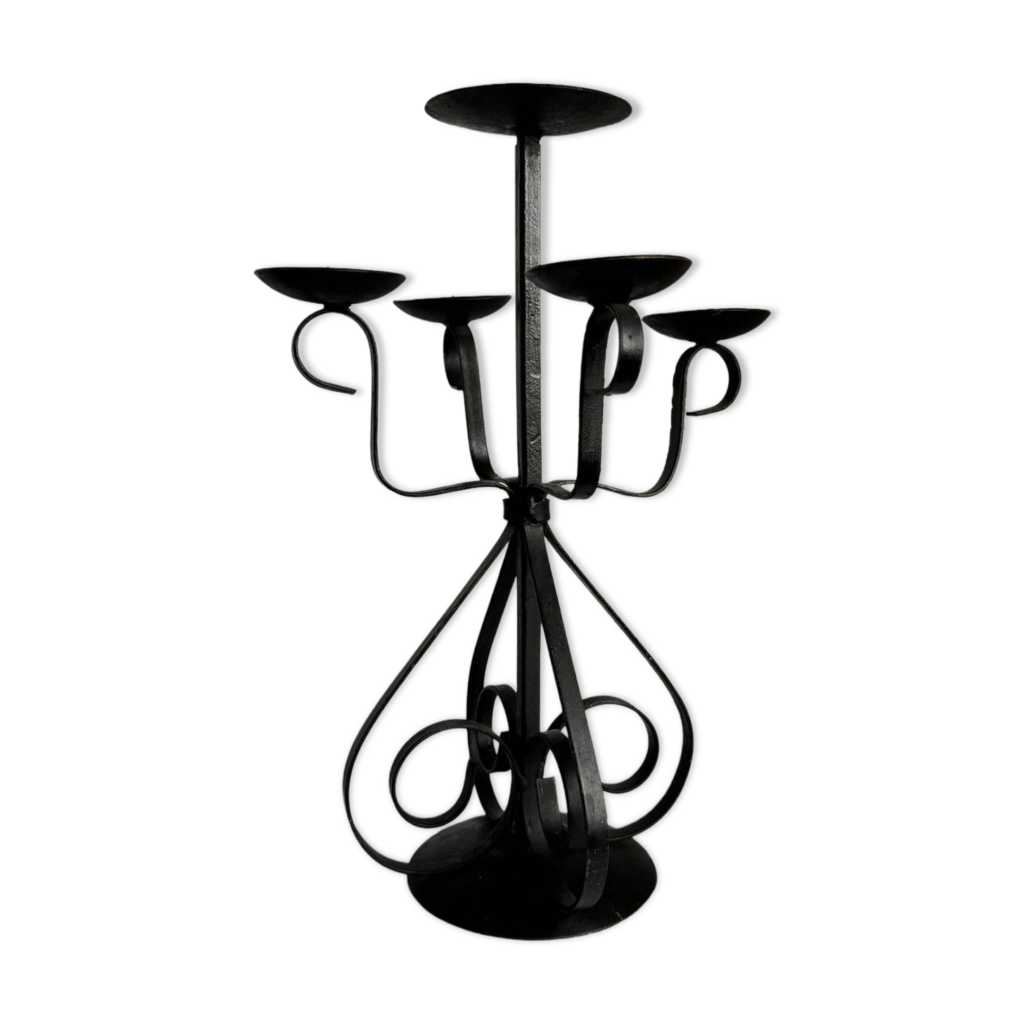 Vintage Brutalist large black wrought iron candelabra