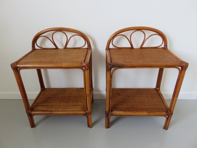 Pair of rattan and bamboo bedside tables 1970s