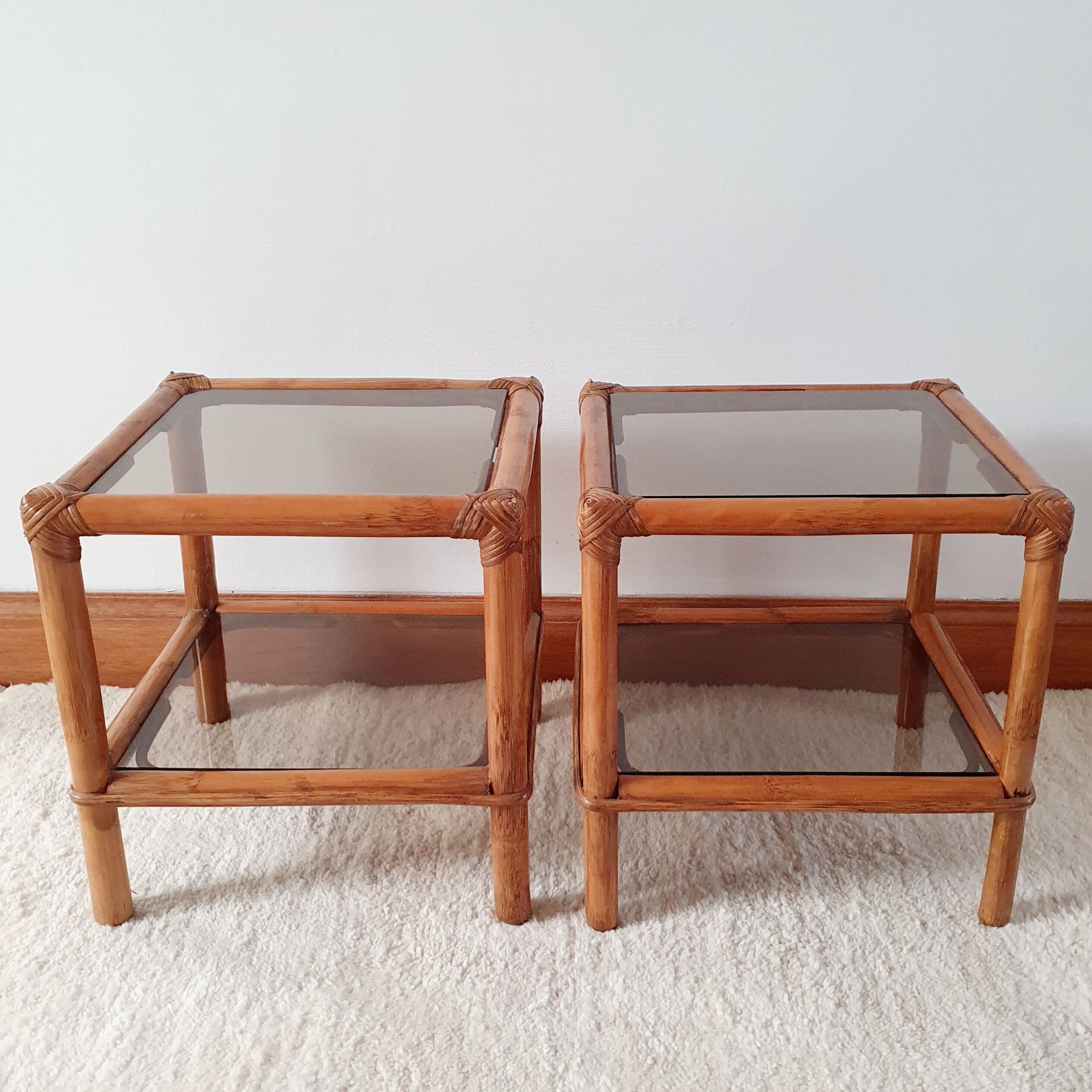 Pair of rattan bedside tables and smoked glass 1970