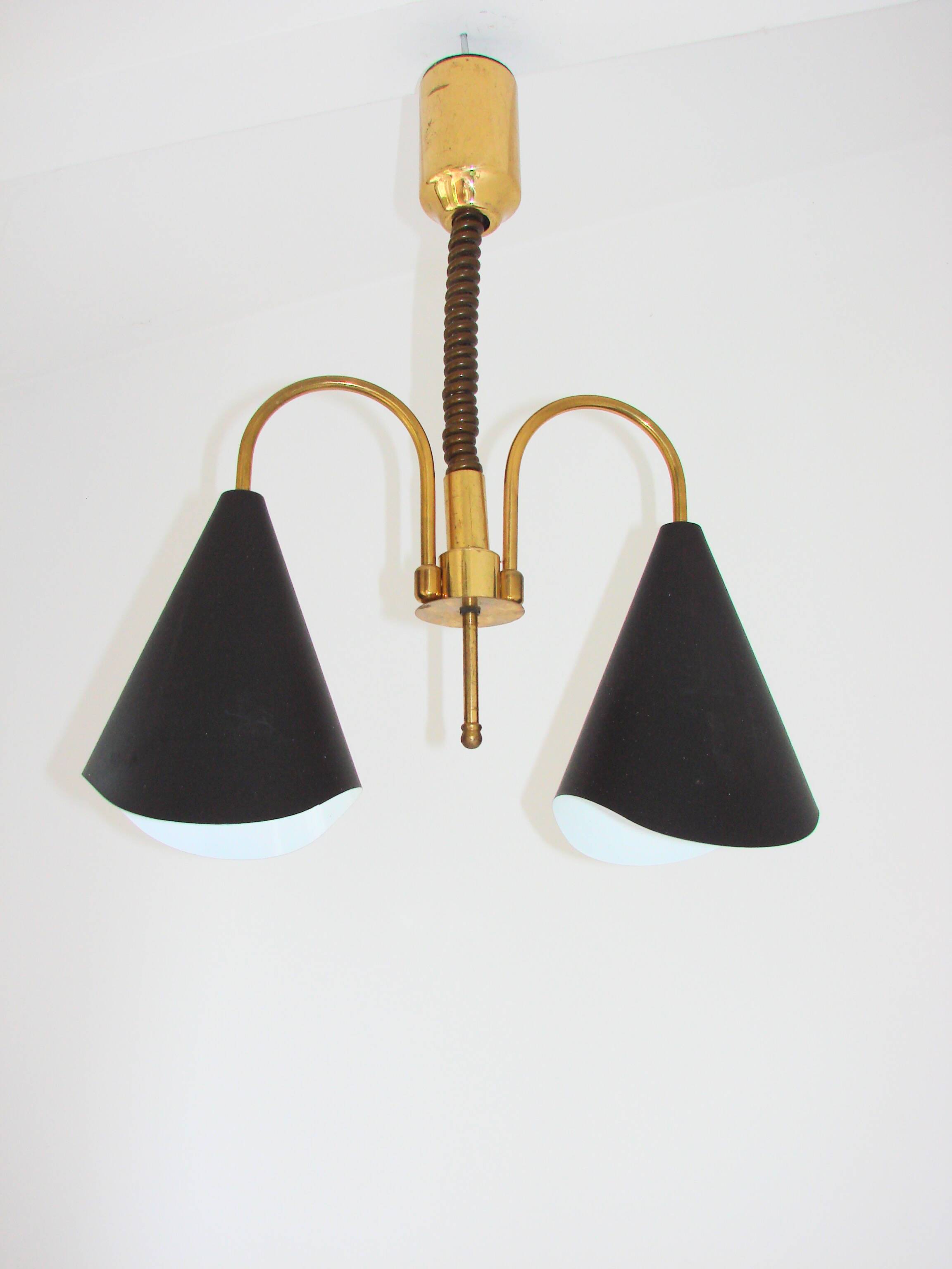 Mid-Century Modern pendant light, brass and metal, 1970s.