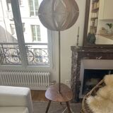 Vintage 1960s tripod floor lamp in Scandinavian brass and teak with raffia shade