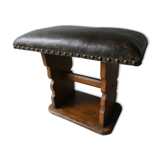 Ottoman repose-pied en bois et cuir