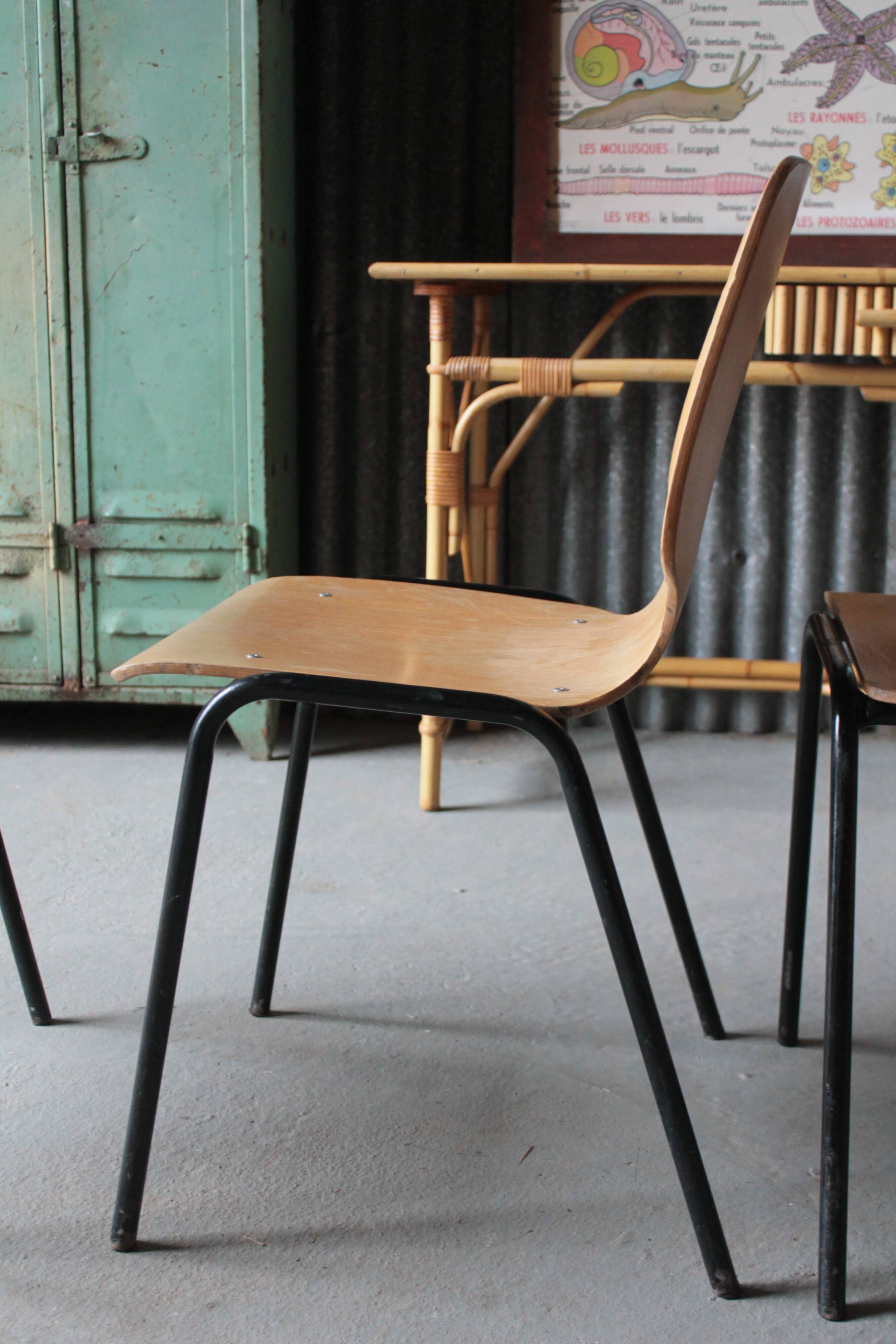 4 vintage school chairs, wood and metal