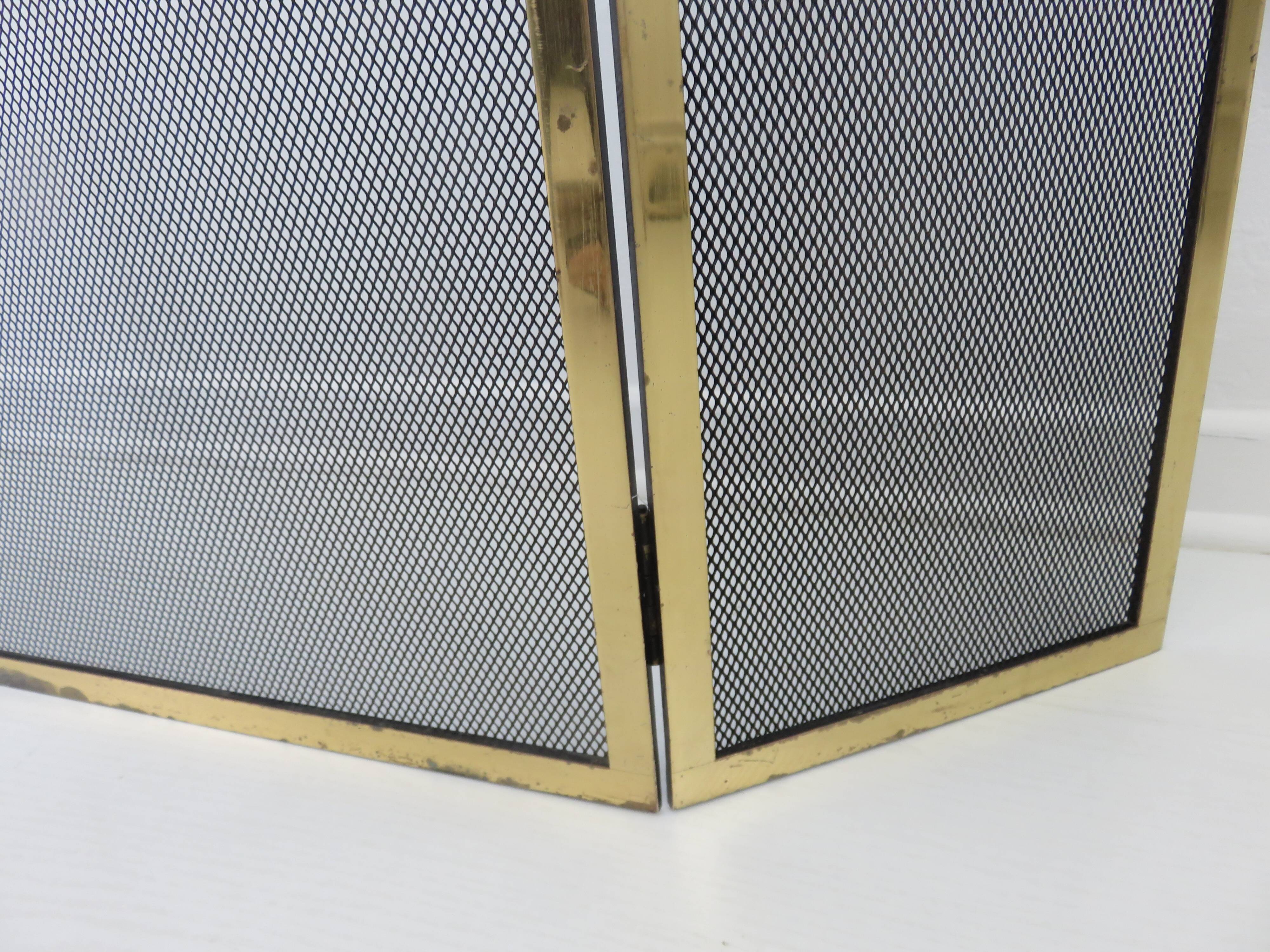 Fire screen, 3-panel brass spark screen for fireplace, modernist, minimalist, 1970