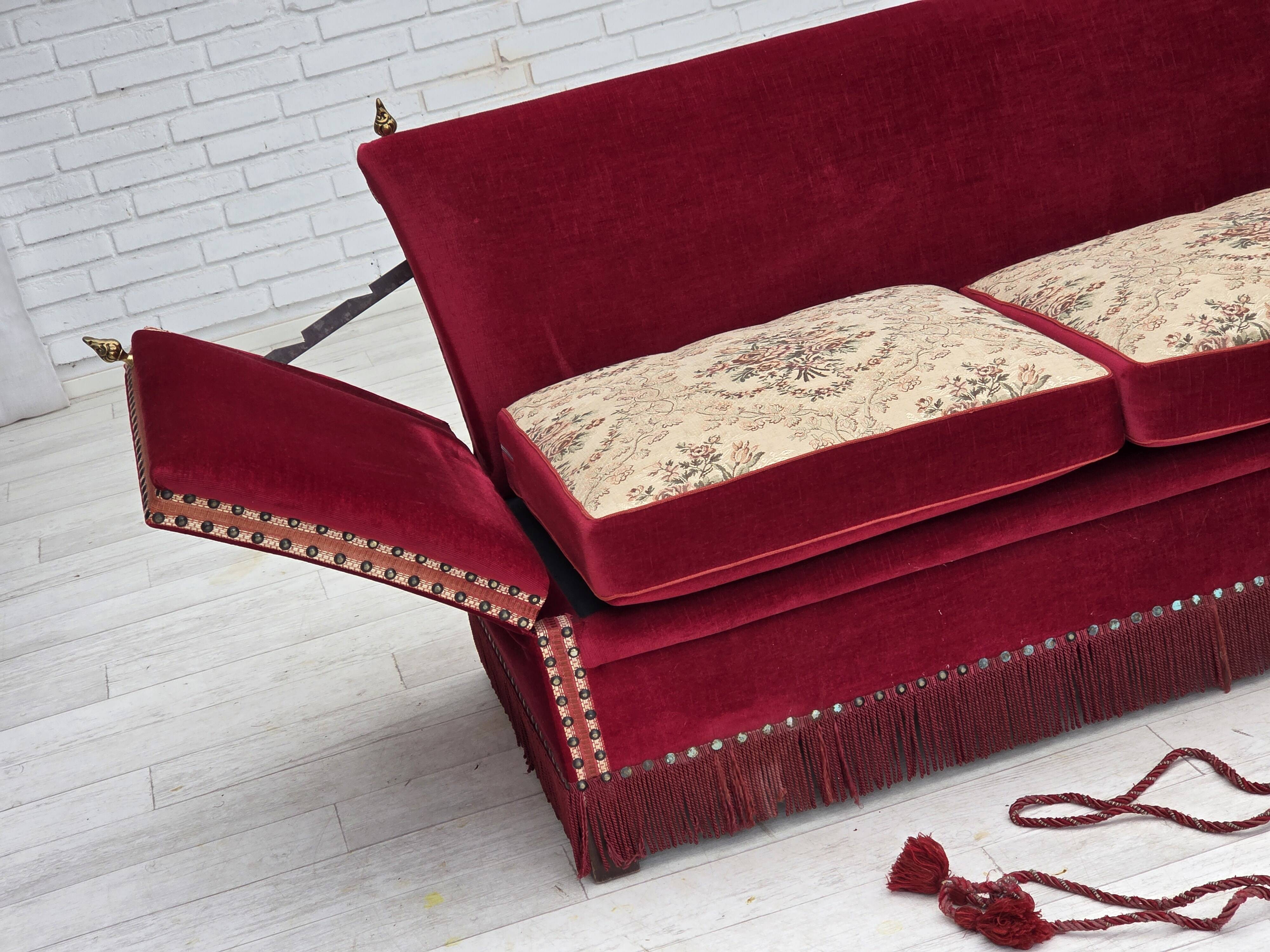 1970s, Danish "Spanish" sofa, furniture velour, ash wood legs.