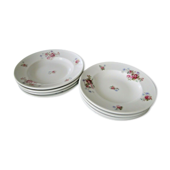 Lot de 8 assiettes creuses UC Limoges n°35 décor floral roses bleuets 24cm