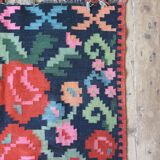Large Moldavian runner rug with red roses, Romanian floral carpet made by hand with beautiful design 110x265cm