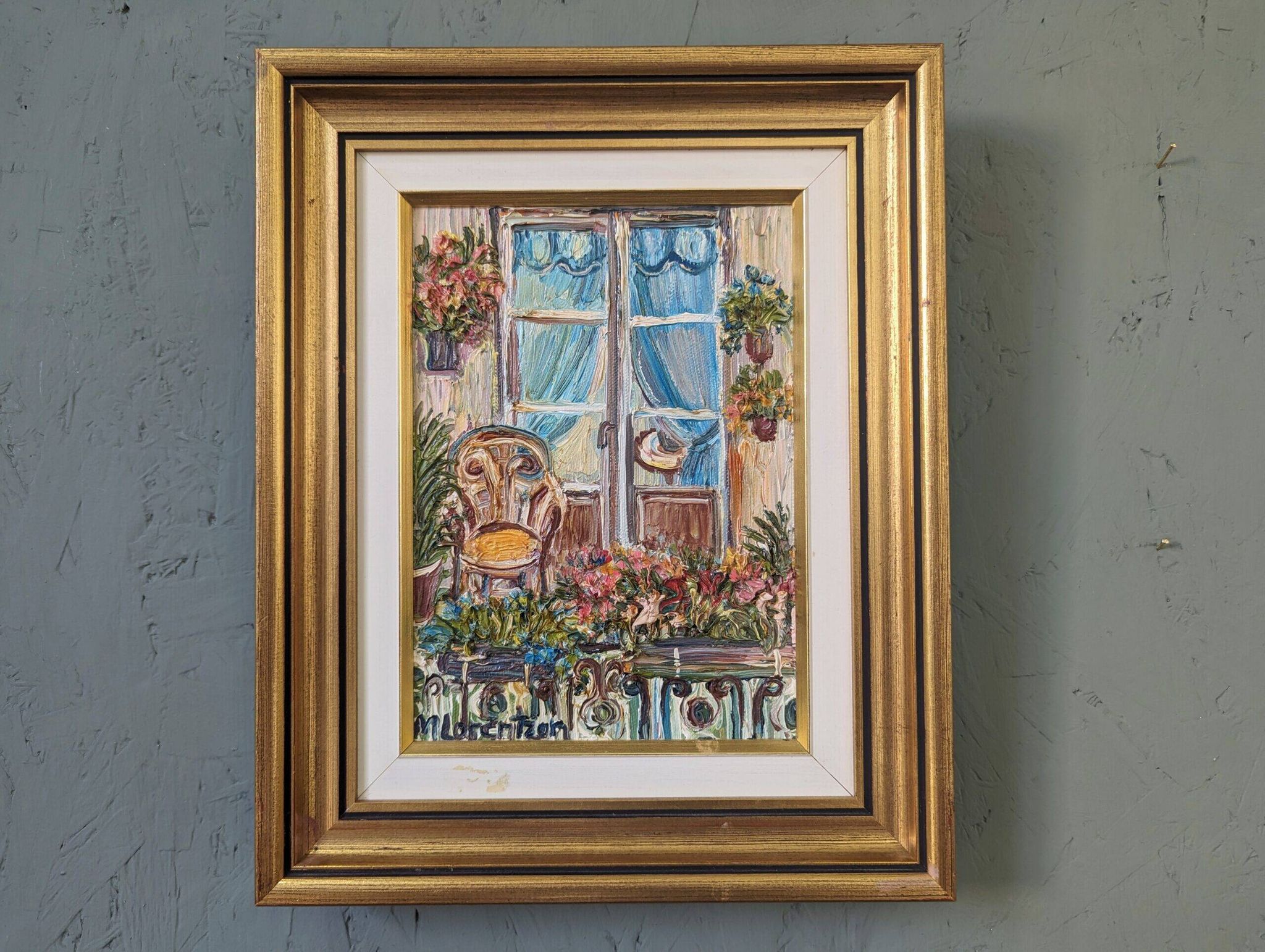 Mid-Century Modern Swedish "Balcony Garden" Vintage Oil Painting, Framed