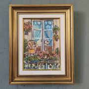 Mid-Century Modern Swedish "Balcony Garden" Vintage Oil Painting, Framed