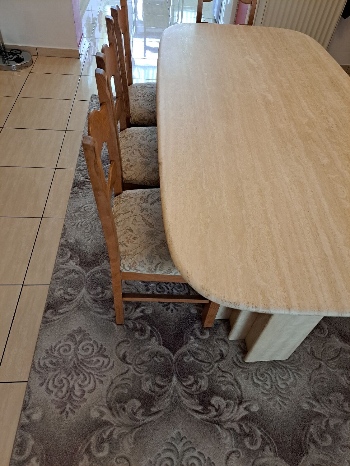Travertine dining table.