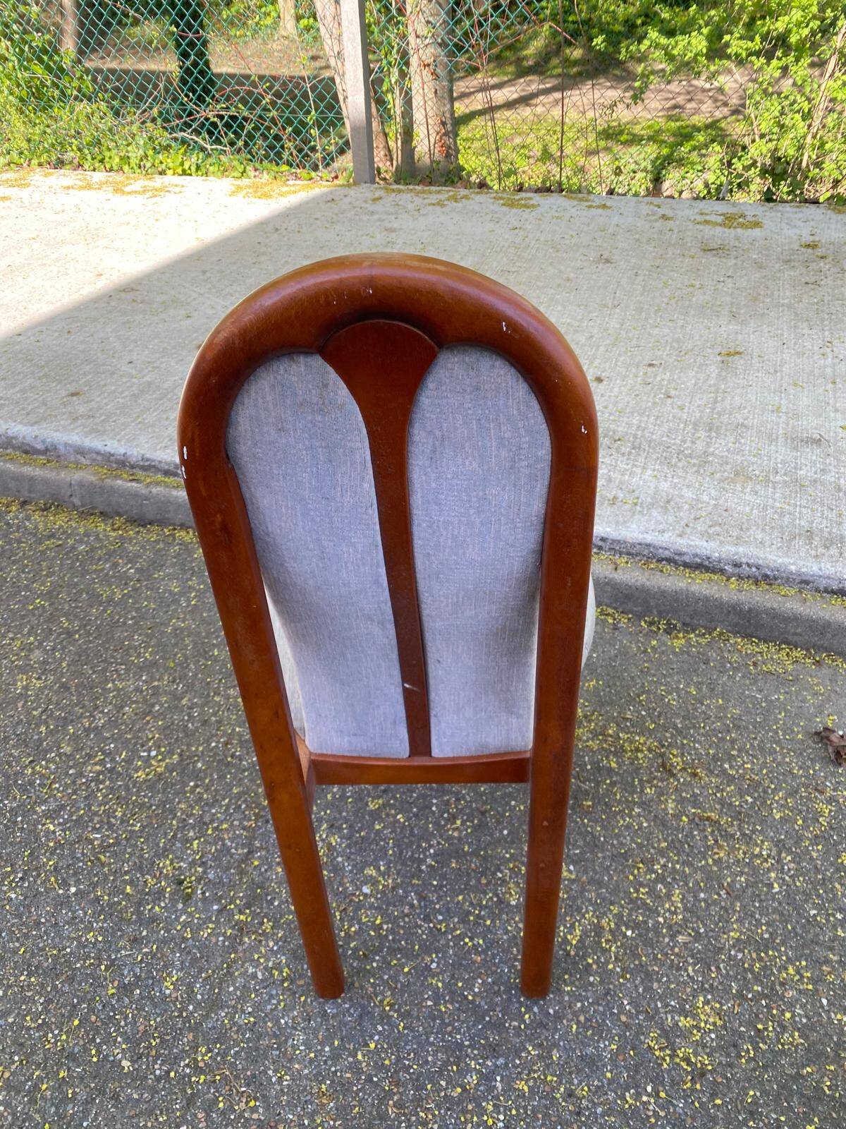 6 vintage cherry wood dining chairs with tweed fabric in MCM style 1970.