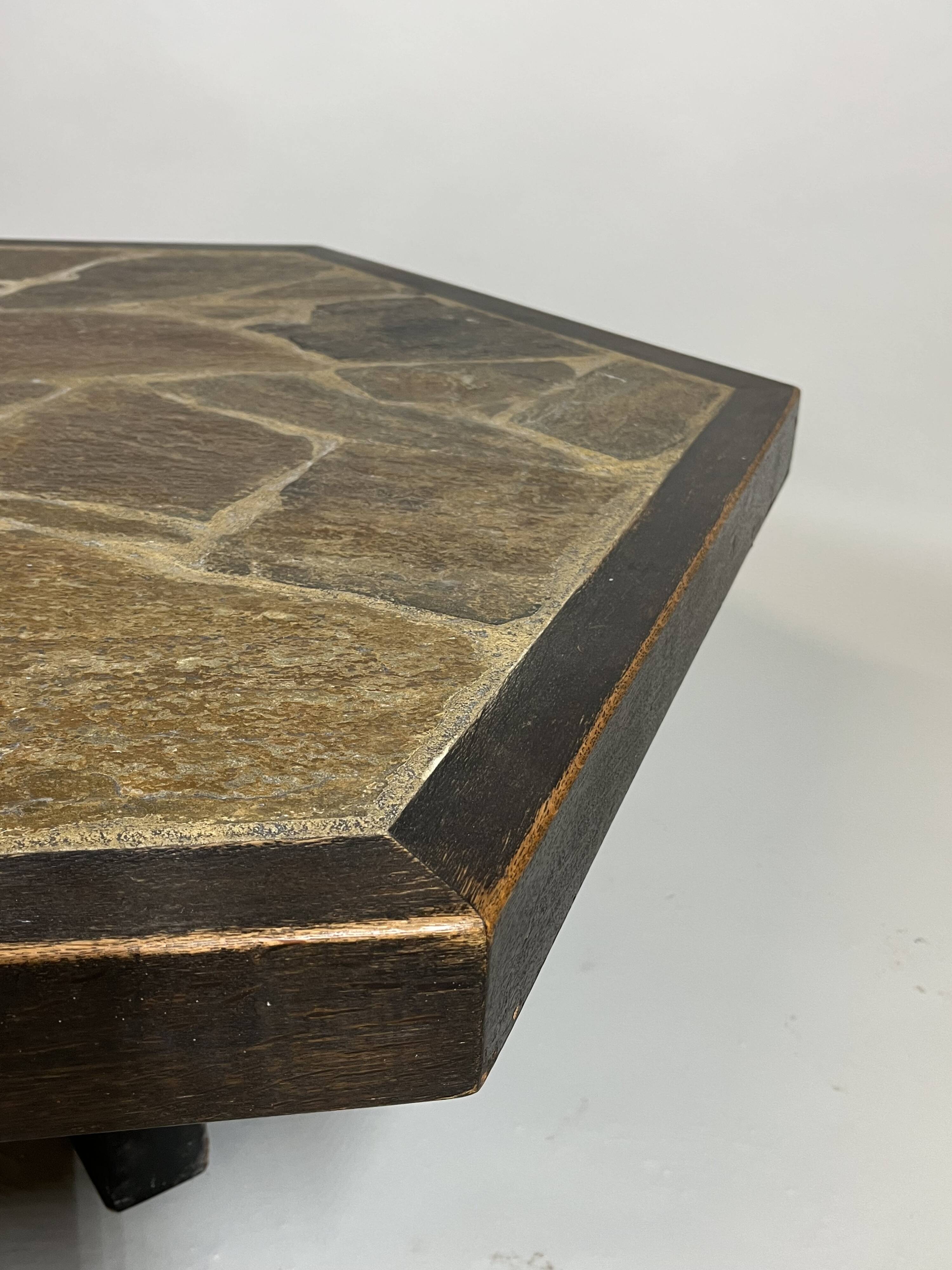 Large Brutalist Coffee Table in Oak and Stone Mosaic, 1960s
