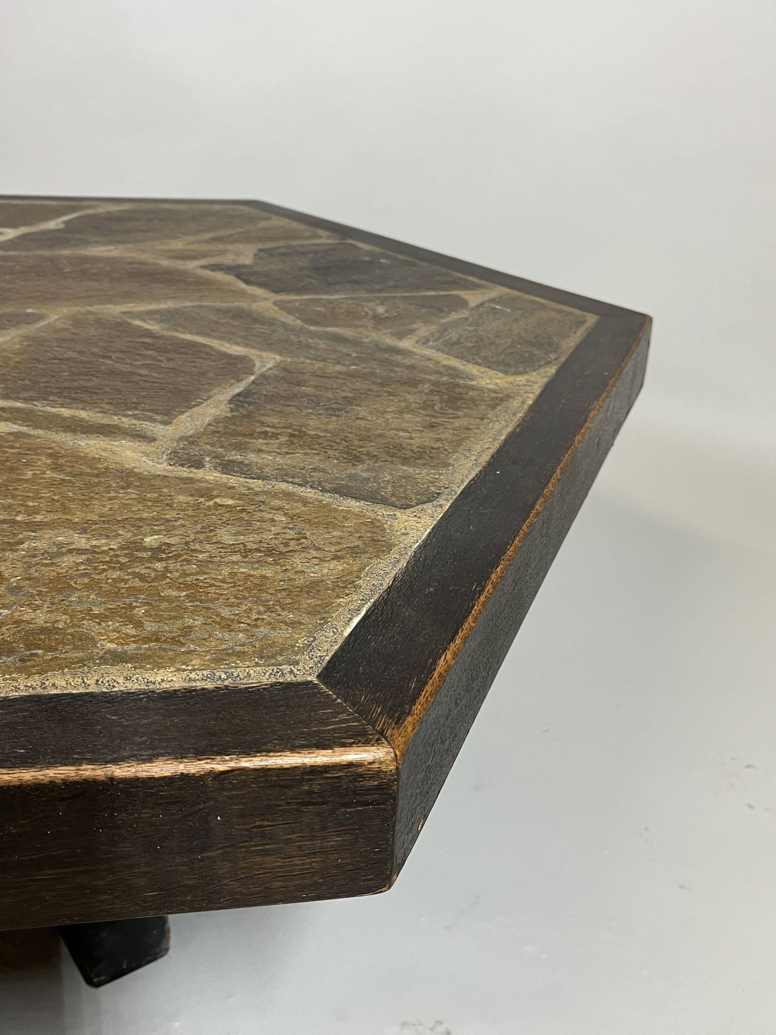 Large Brutalist Coffee Table in Oak and Stone Mosaic, 1960s