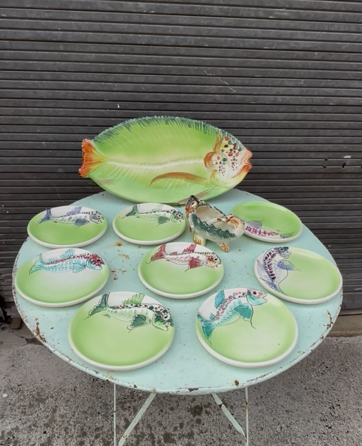 Vintage Vallauris ceramic dinnerware set. Fish design. 1960s