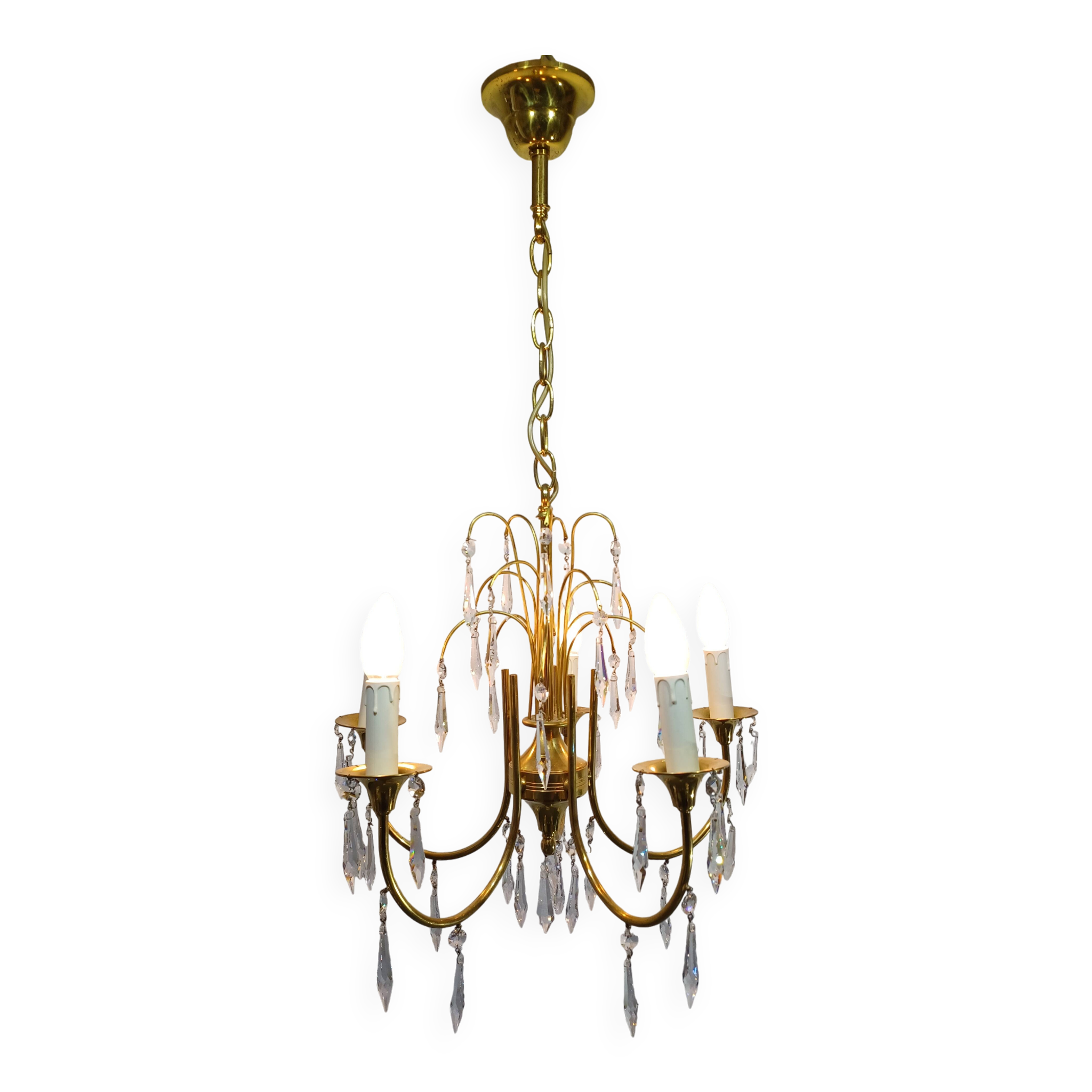 Lustre 5 lumières en laiton et cristal