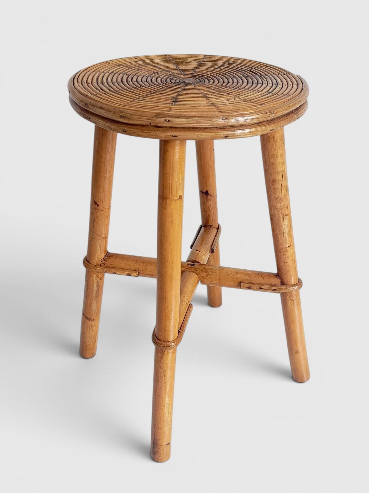 Vintage Rattan and Bamboo Accent Side Table / Stool, Spain, 1970s