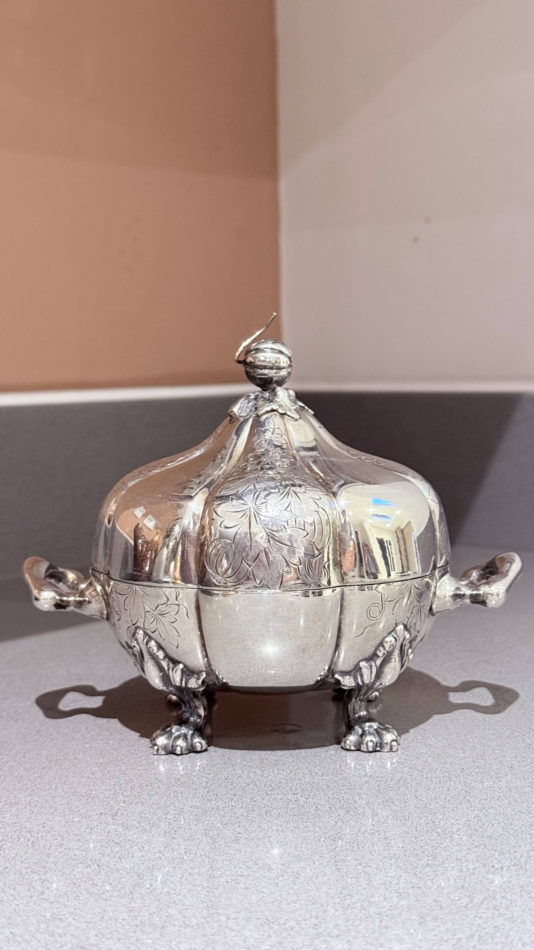 Antique Decorative Caviar Dish Caviar Serving, Silver Quadruple Plate Lid, Spoon