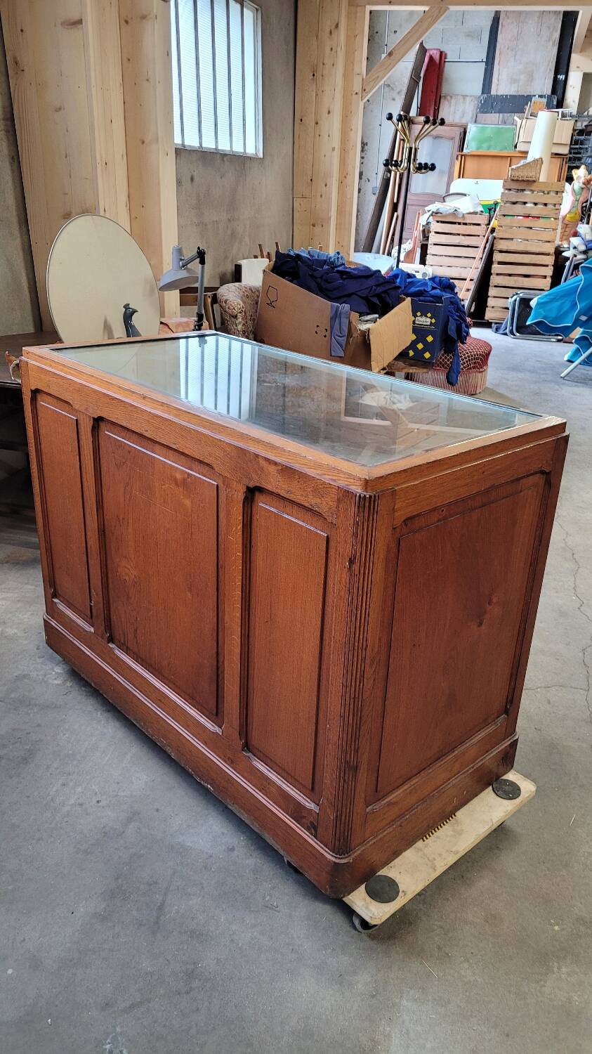 Shop counter display cabinet with old drawers, 1900s