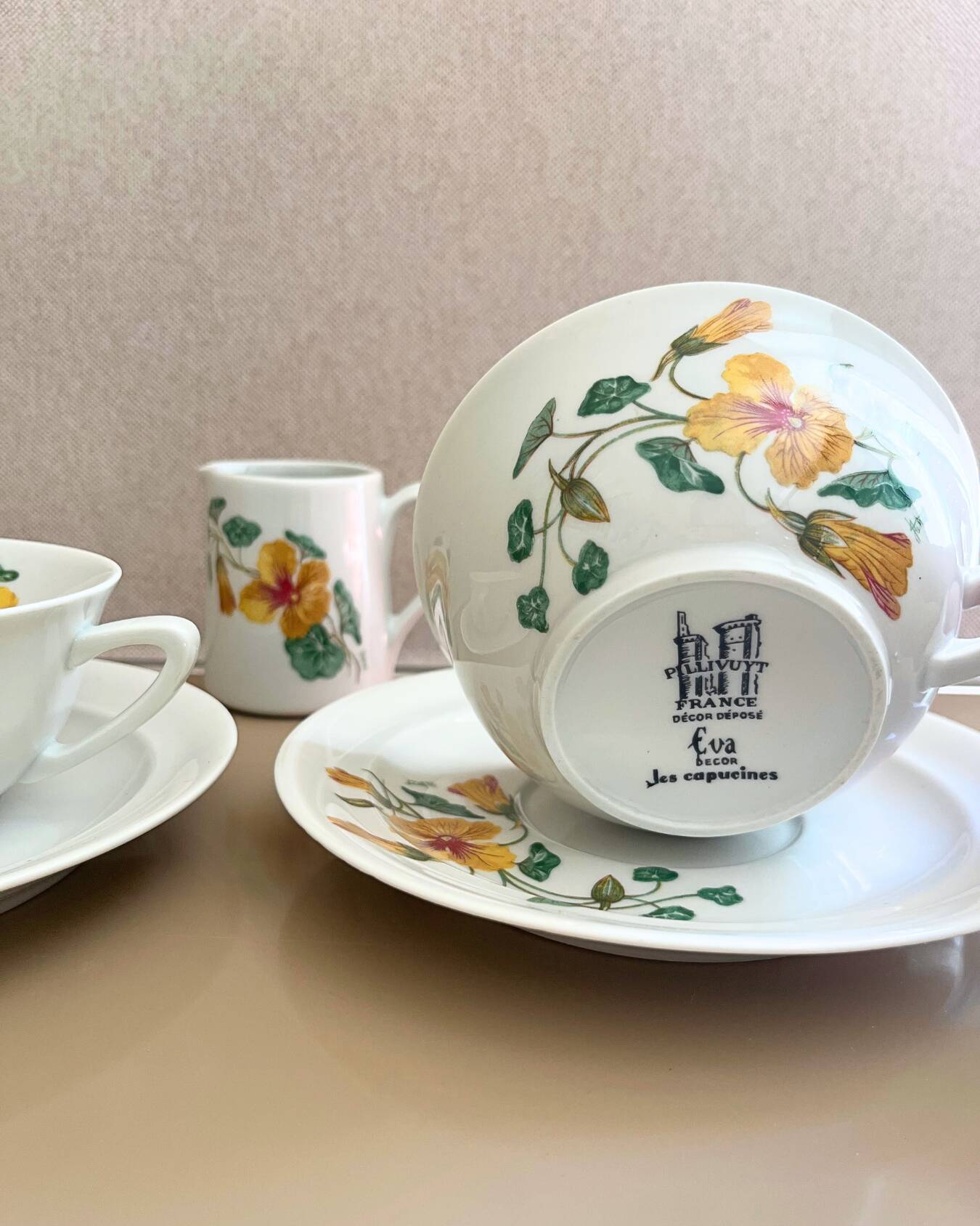 Vintage Pillivuyt Tea Set - 2 Cups, 2 Saucers & Milk Jug