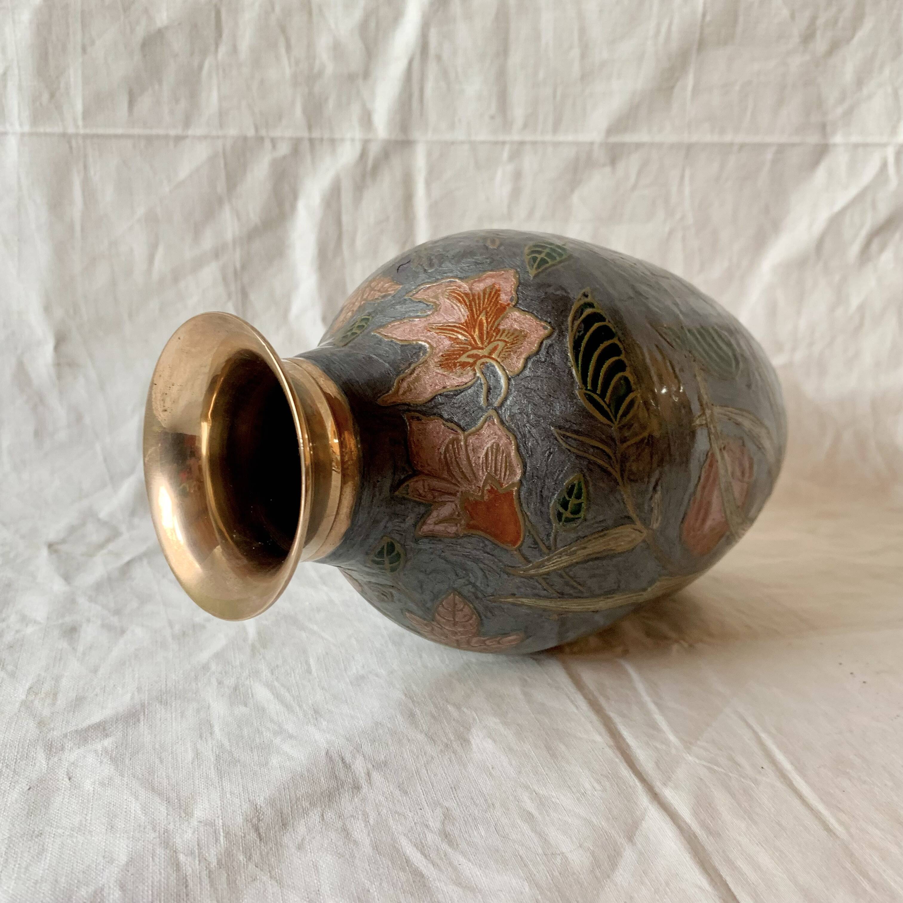 Vintage brass vase with cloisonné enamel floral decoration