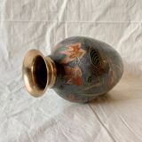 Vintage brass vase with cloisonné enamel floral decoration