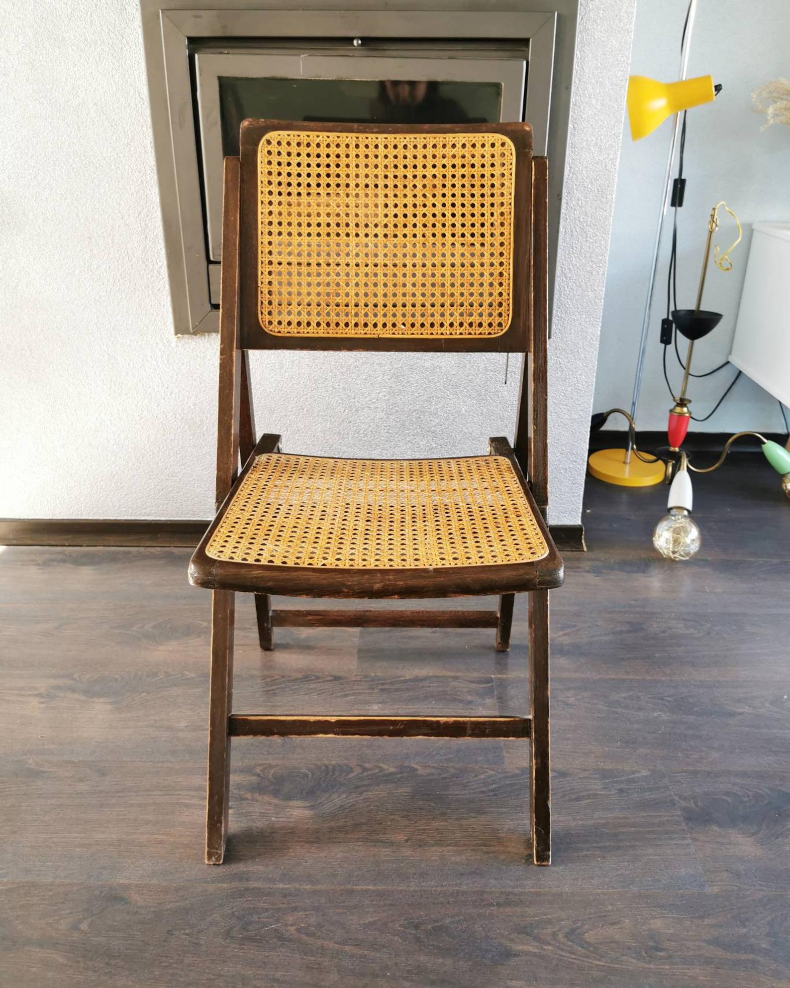 Vintage wooden folding chair with 1960 rattan seat and back