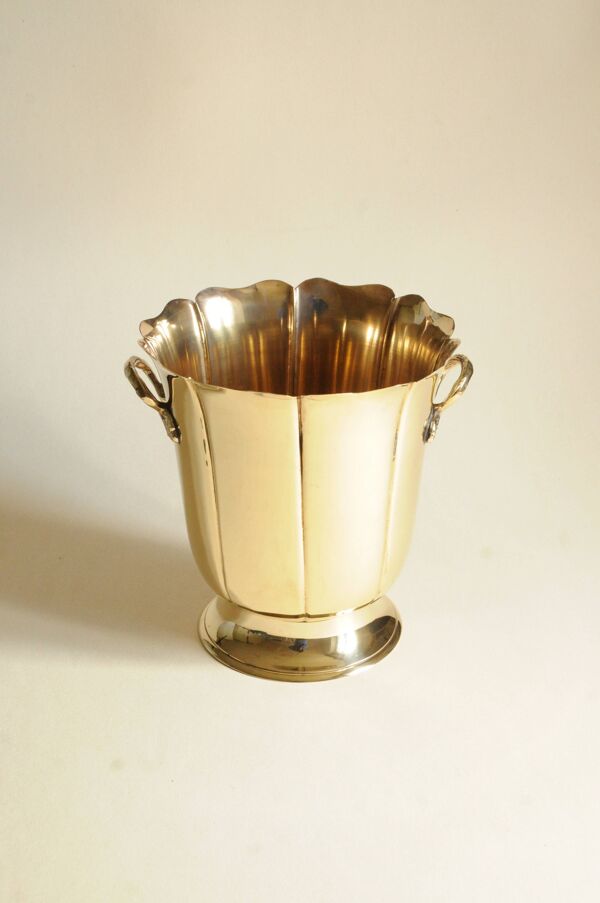 Seau à Champagne Laiton — Corps Cannelé Bord Festonné, Style Mid-Century