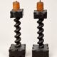 Charming pair of antique turned wooden candlesticks, featuring a beautiful p