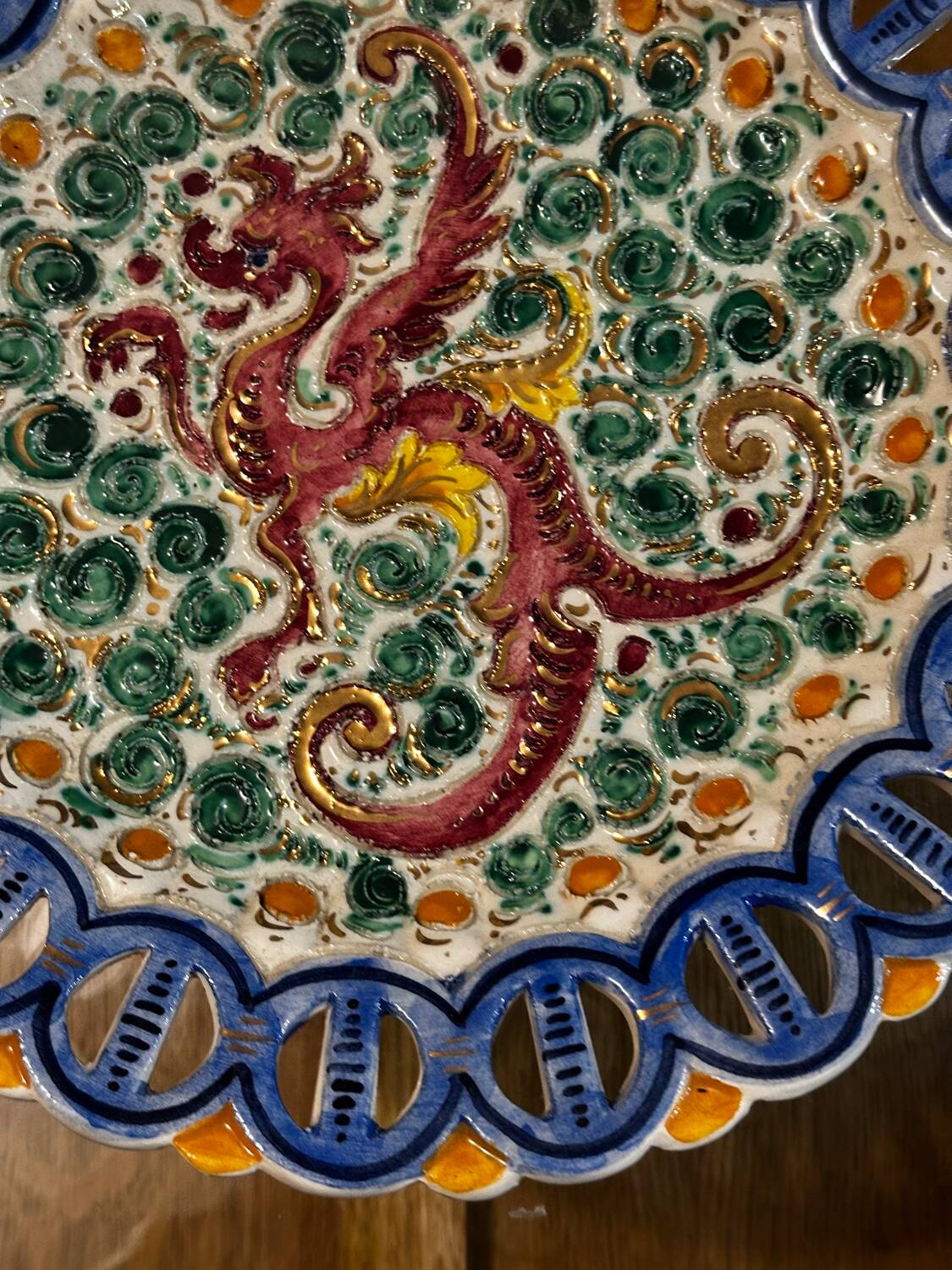 Plate / Ashtray in Massé Frères Earthenware - Relief Decoration of Dragon and F