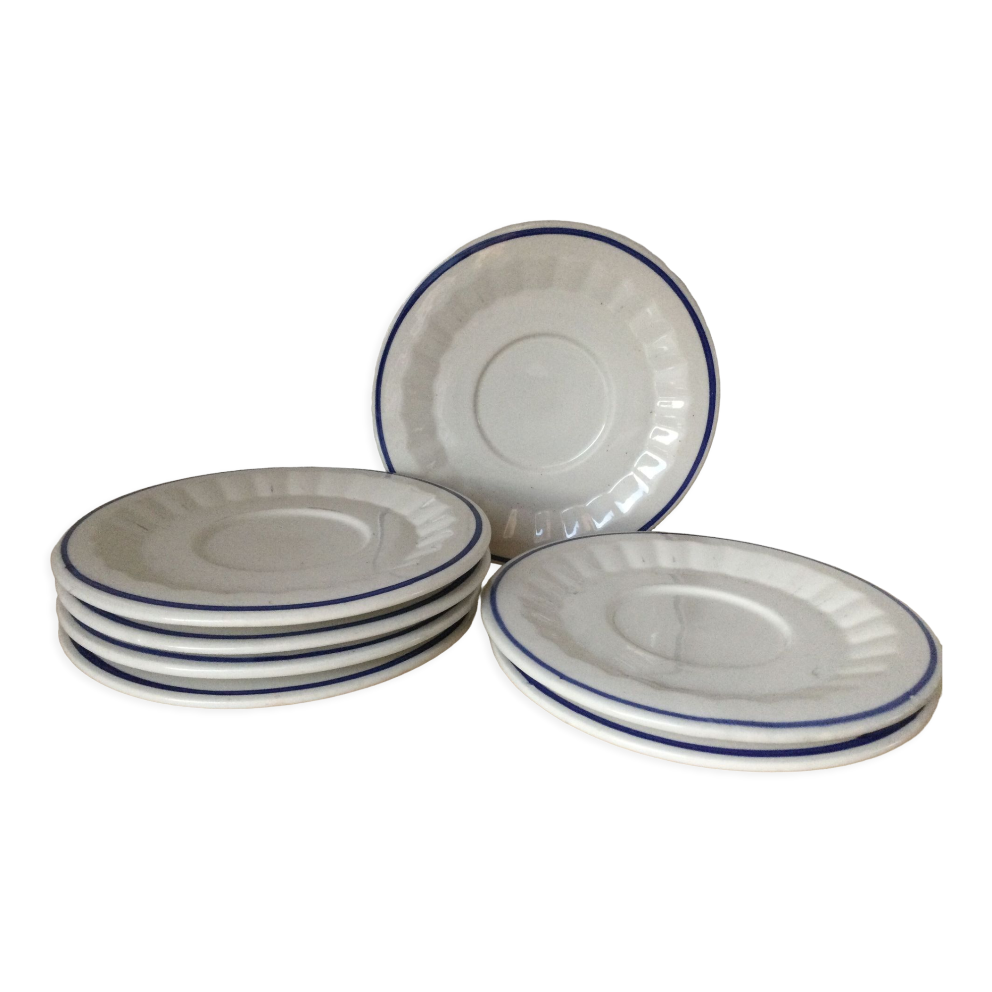 7 soucoupes assiettes à dessert filet bleu porcelaine Gien