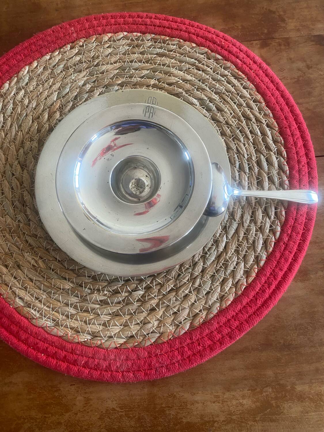 Egg cup, plate, silver-plated spoon