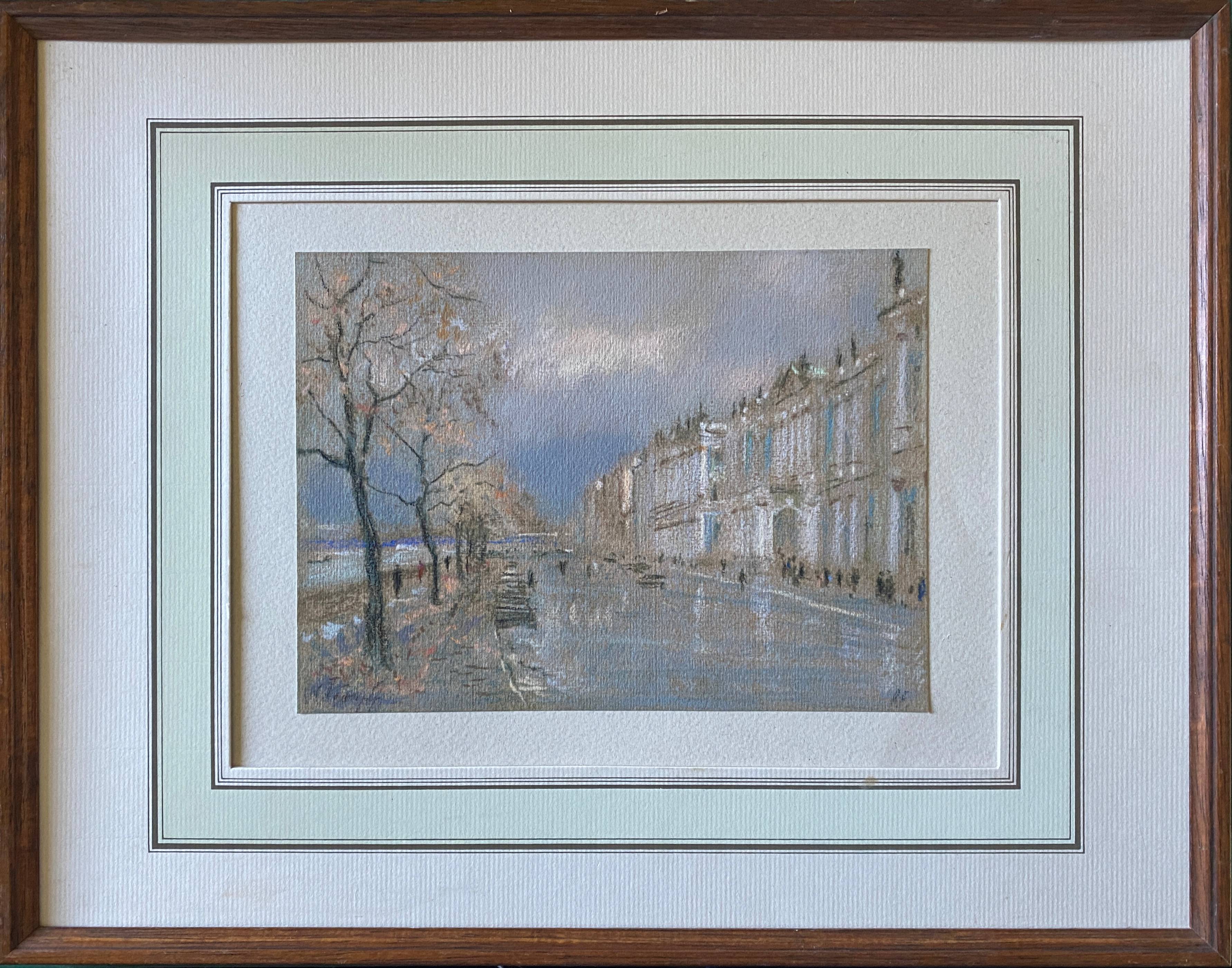 Pastel Painting "Quai de Seine?" Paris signed + frame