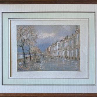 Pastel Painting "Quai de Seine?" Paris signed + frame