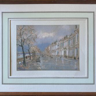 Tableau Pastel "Quai de Seine ?" Paris signé + cadre