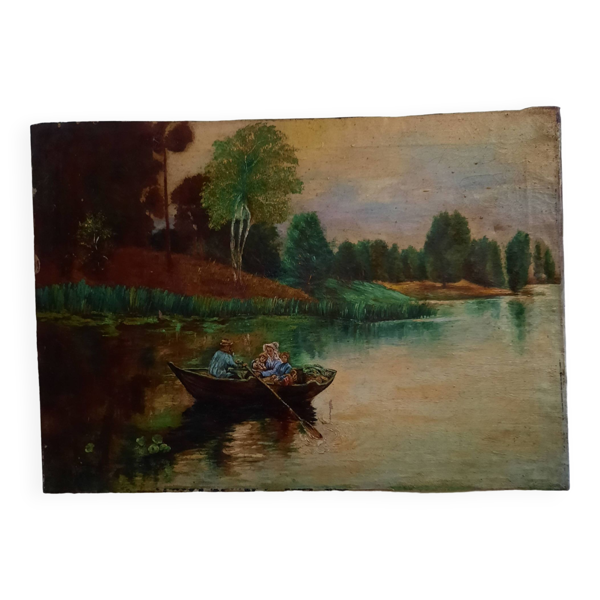 Huile sur toile "Promenade en barque"