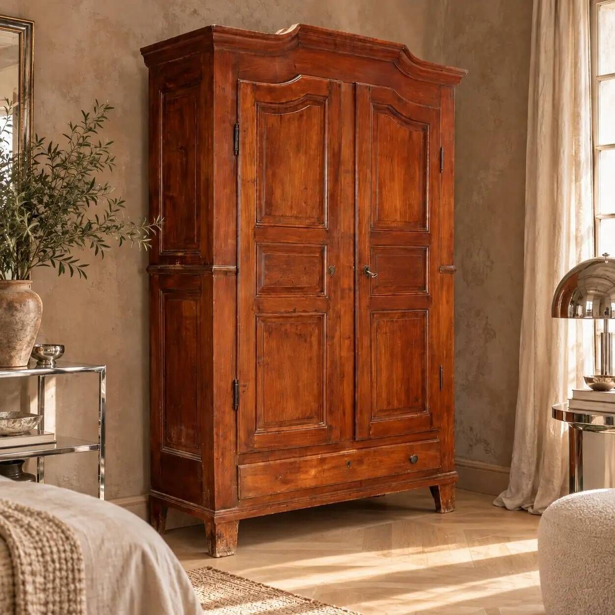 Antique cherry wood wardrobe with drawers, Italy, 19th century