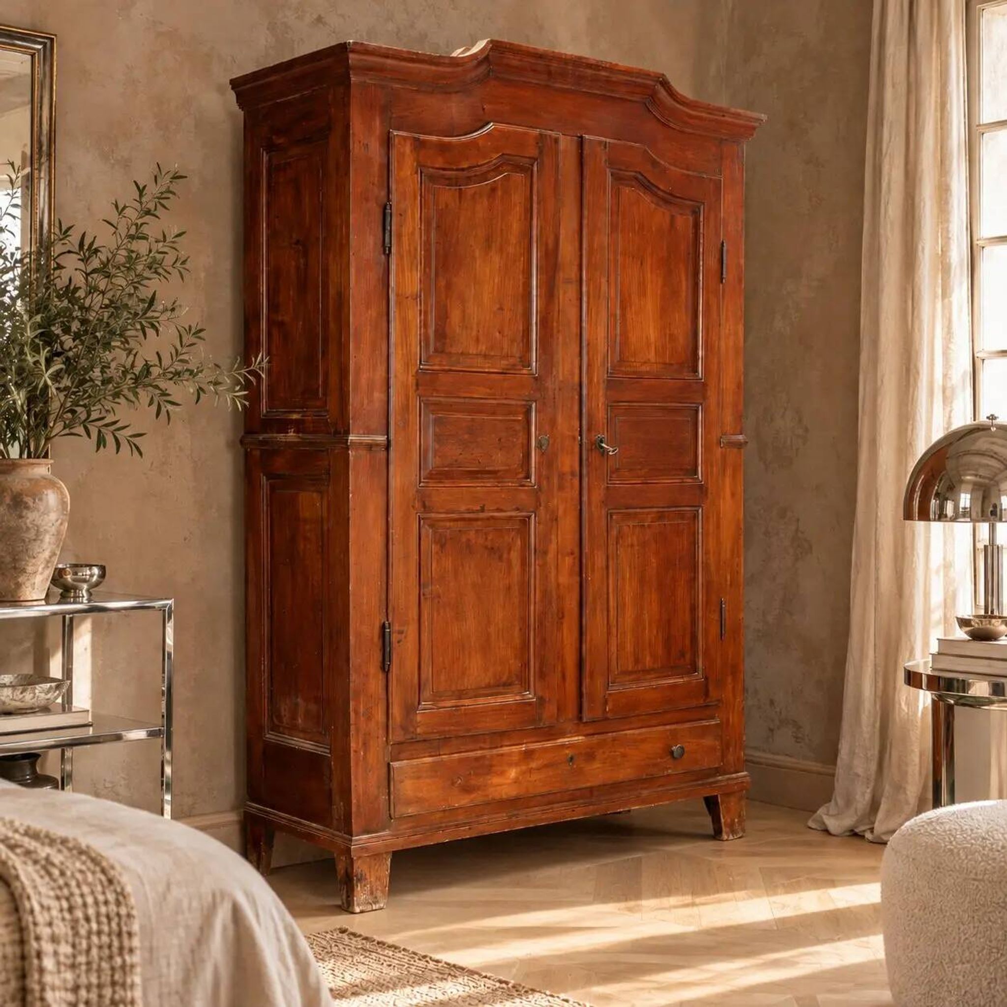Antique cherry wood wardrobe with drawers, Italy, 19th century