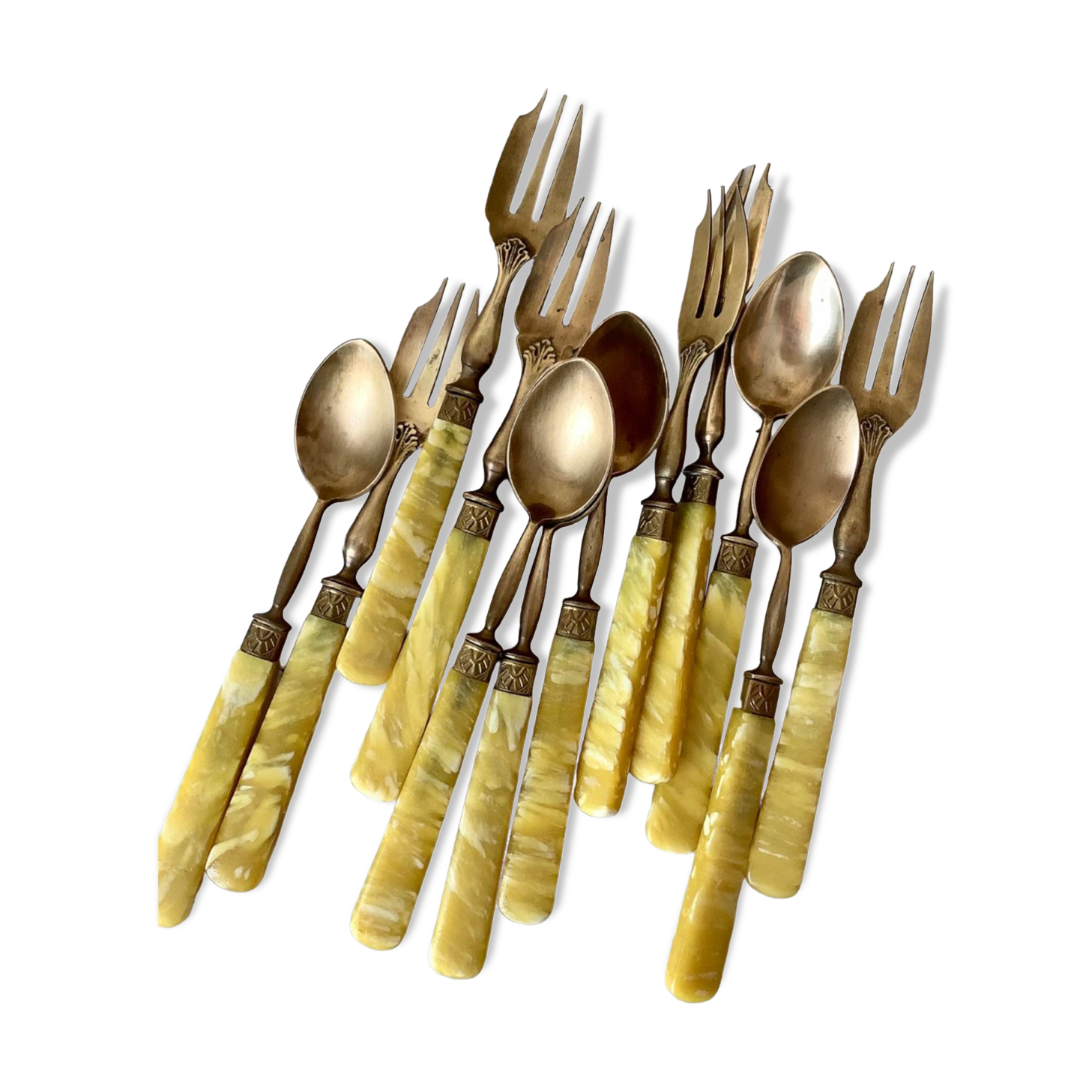 Brass and bakelite dessert cutlery
