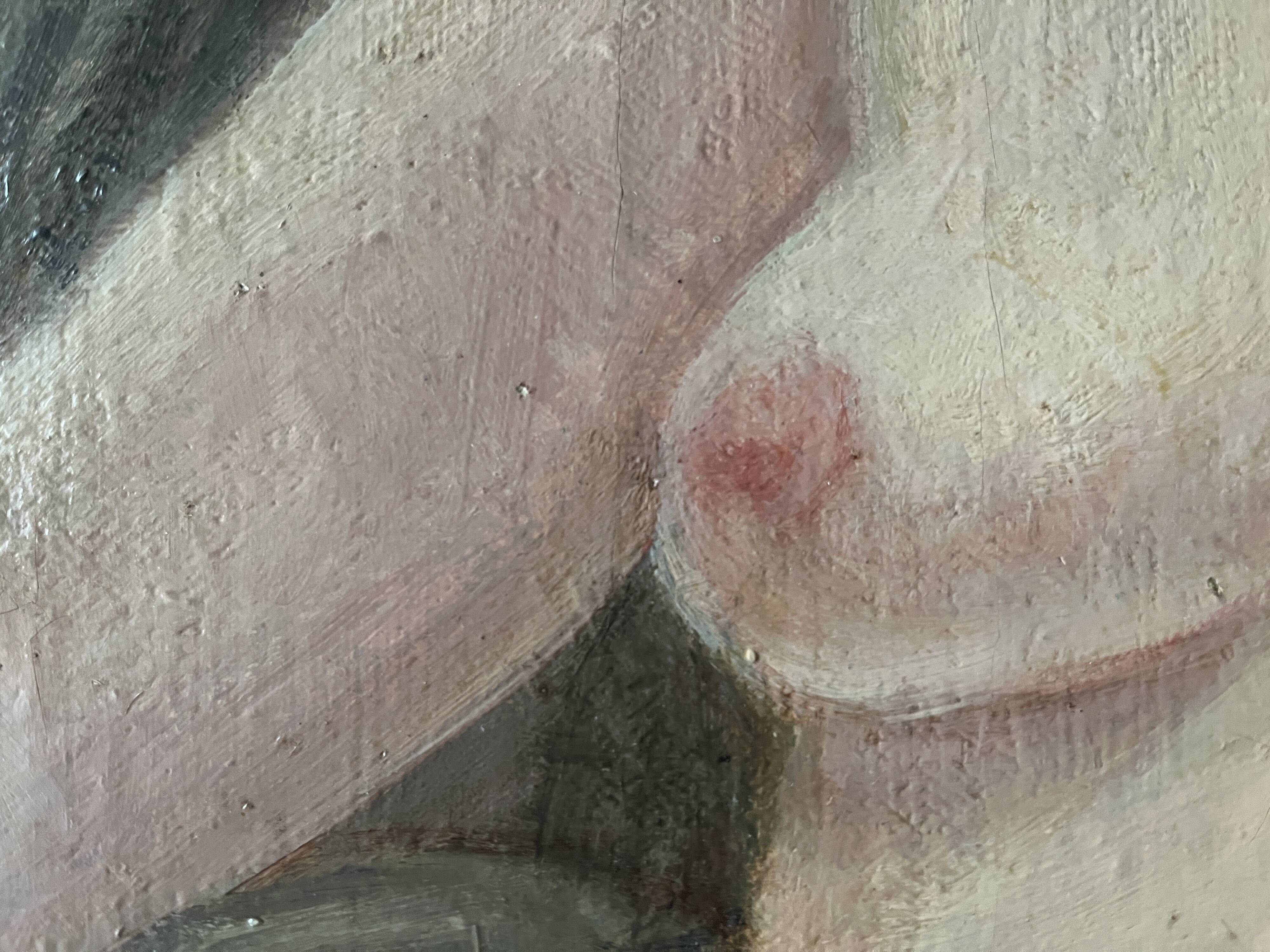 Oil painting on canvas of a nude woman in Art Deco style, old portrait.