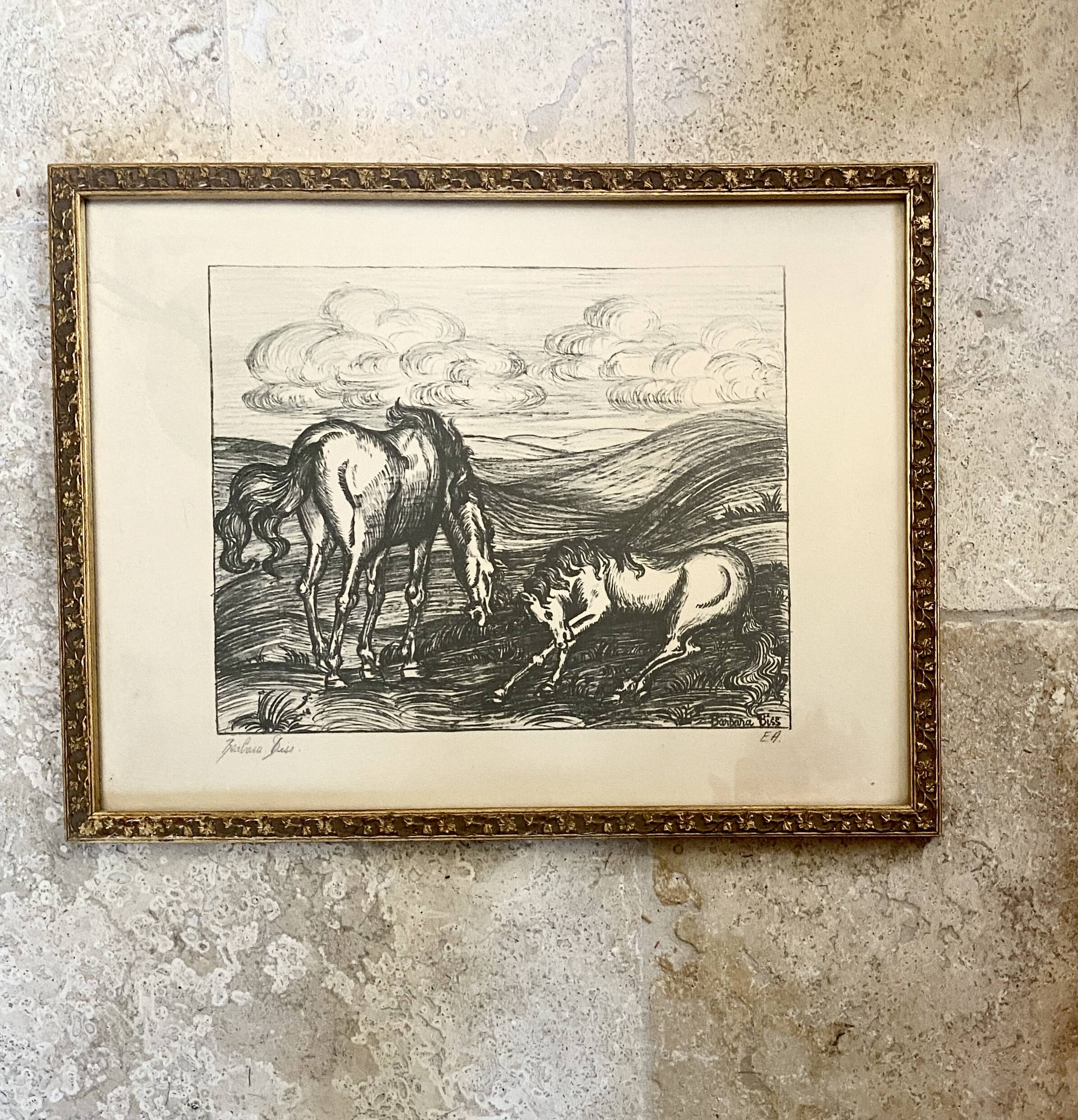 Horse engraving, 1950s, carved wooden frame with glass