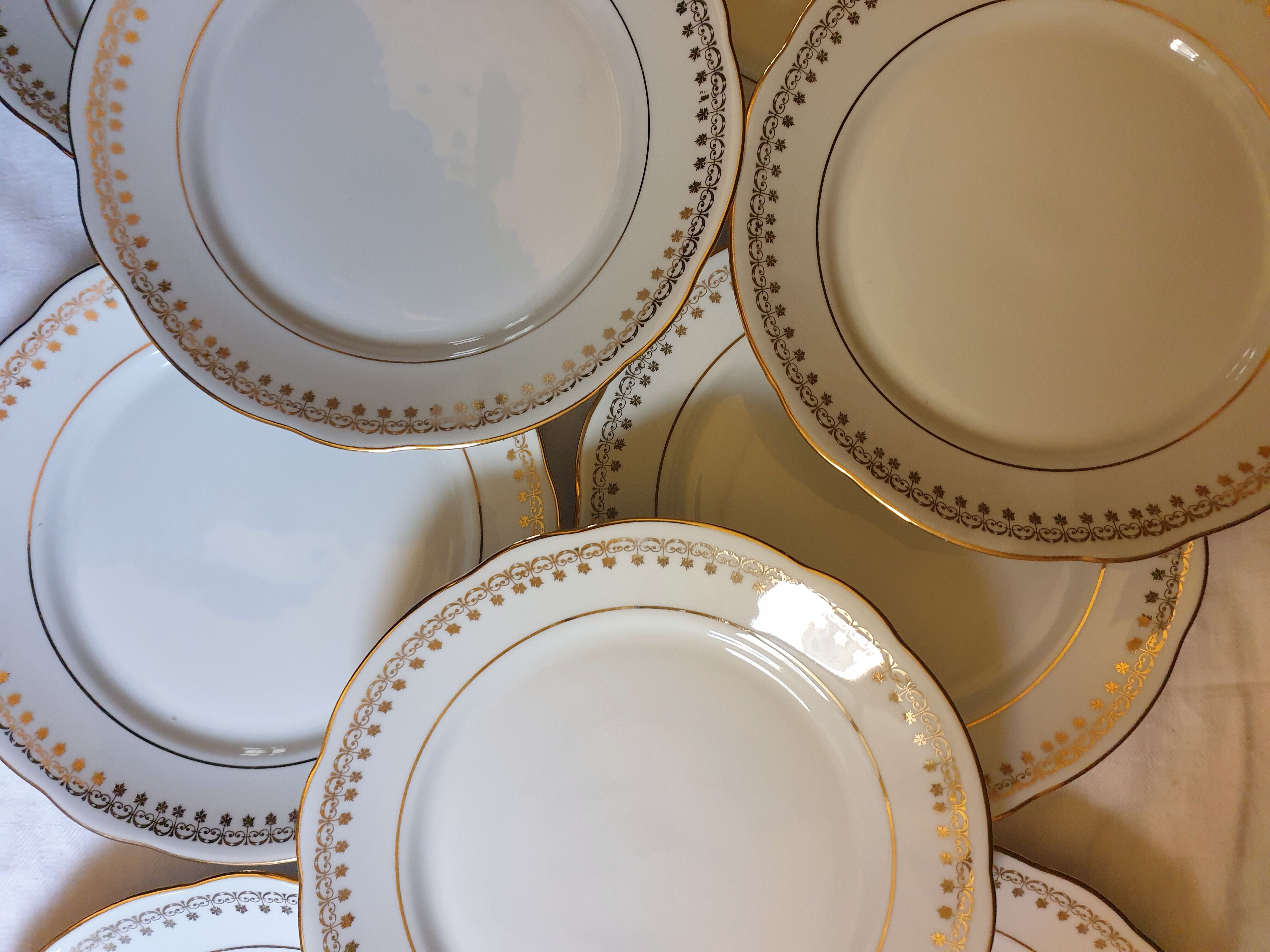 Suite of 14 flat plates golden white porcelain