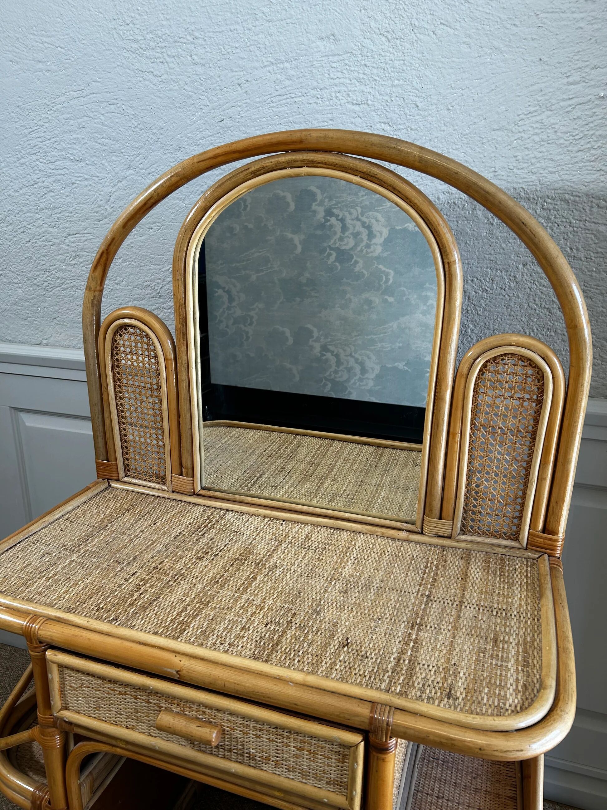 Bamboo and rattan vanity / dressing table with drawer and mirror, 1970s mid-century modern