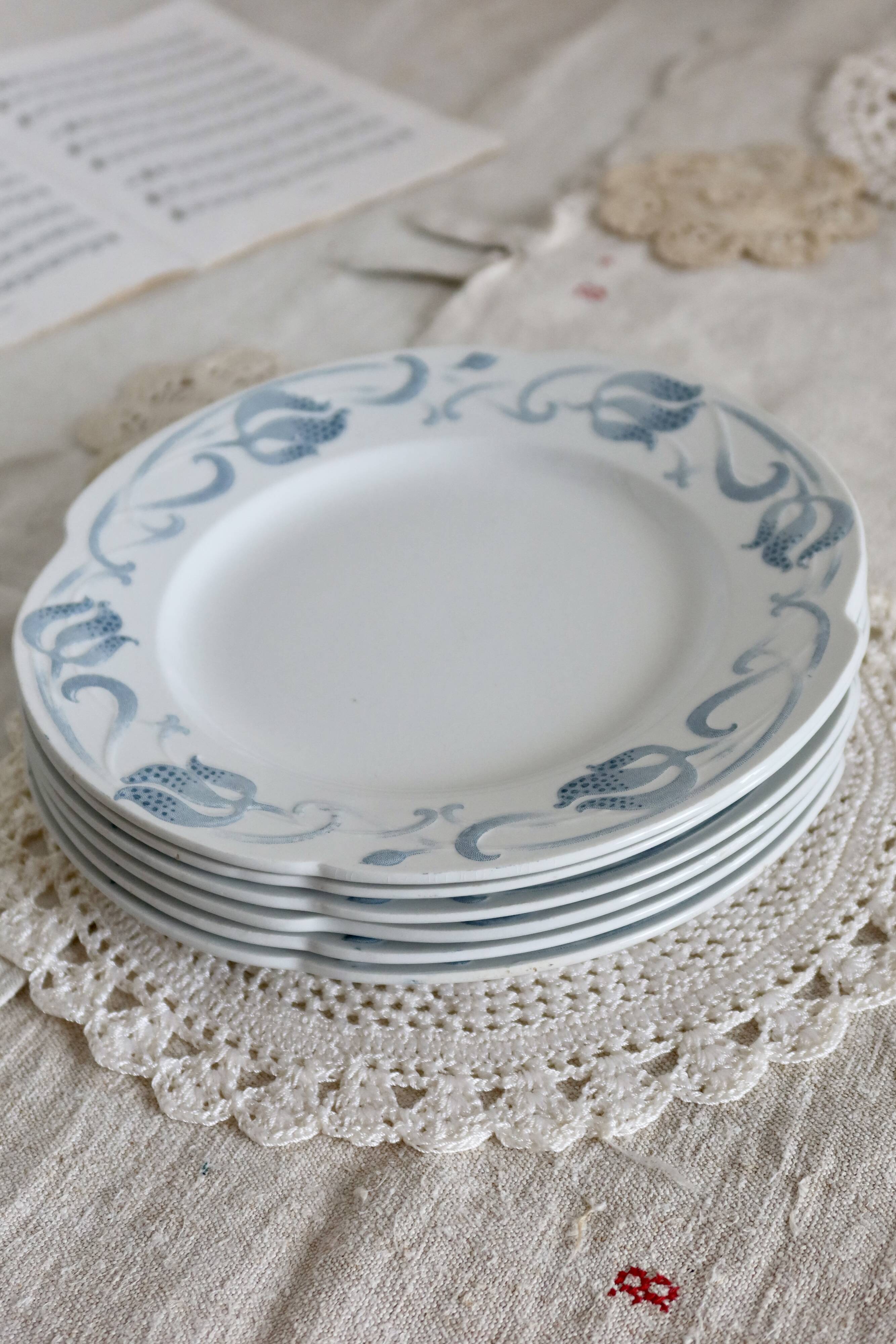 6 assiettes à dessert - Service antique de vaisselle 82 pièces faïence Sarreguemines style Art Nouve